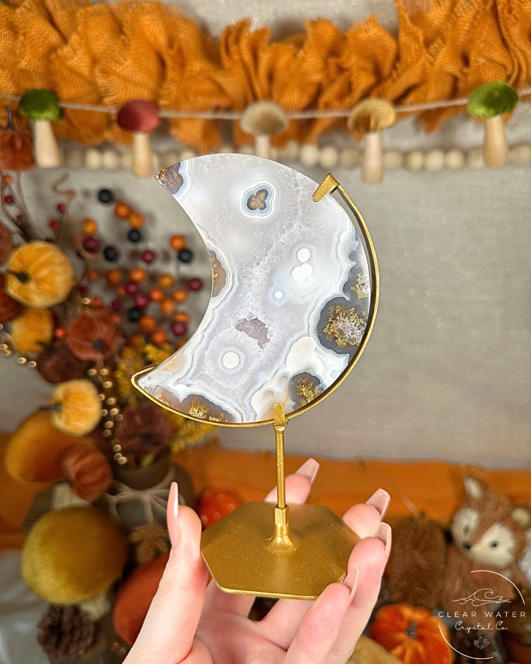 Scenic Moss Agate Moon on Gold Stand – Indonesia