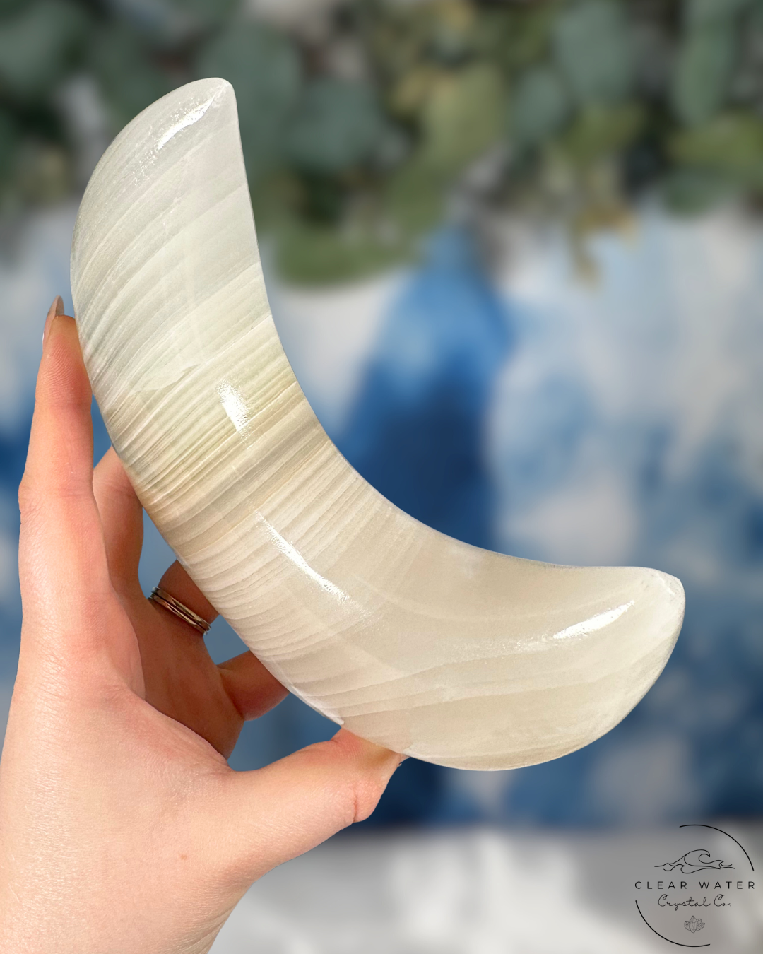 Mexican White Onyx Standing Moon Carving