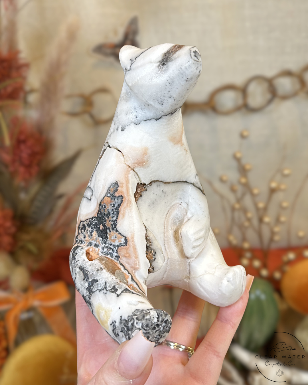 Large Zebra Calcite Bear Carving (Imperfect/Repaired)