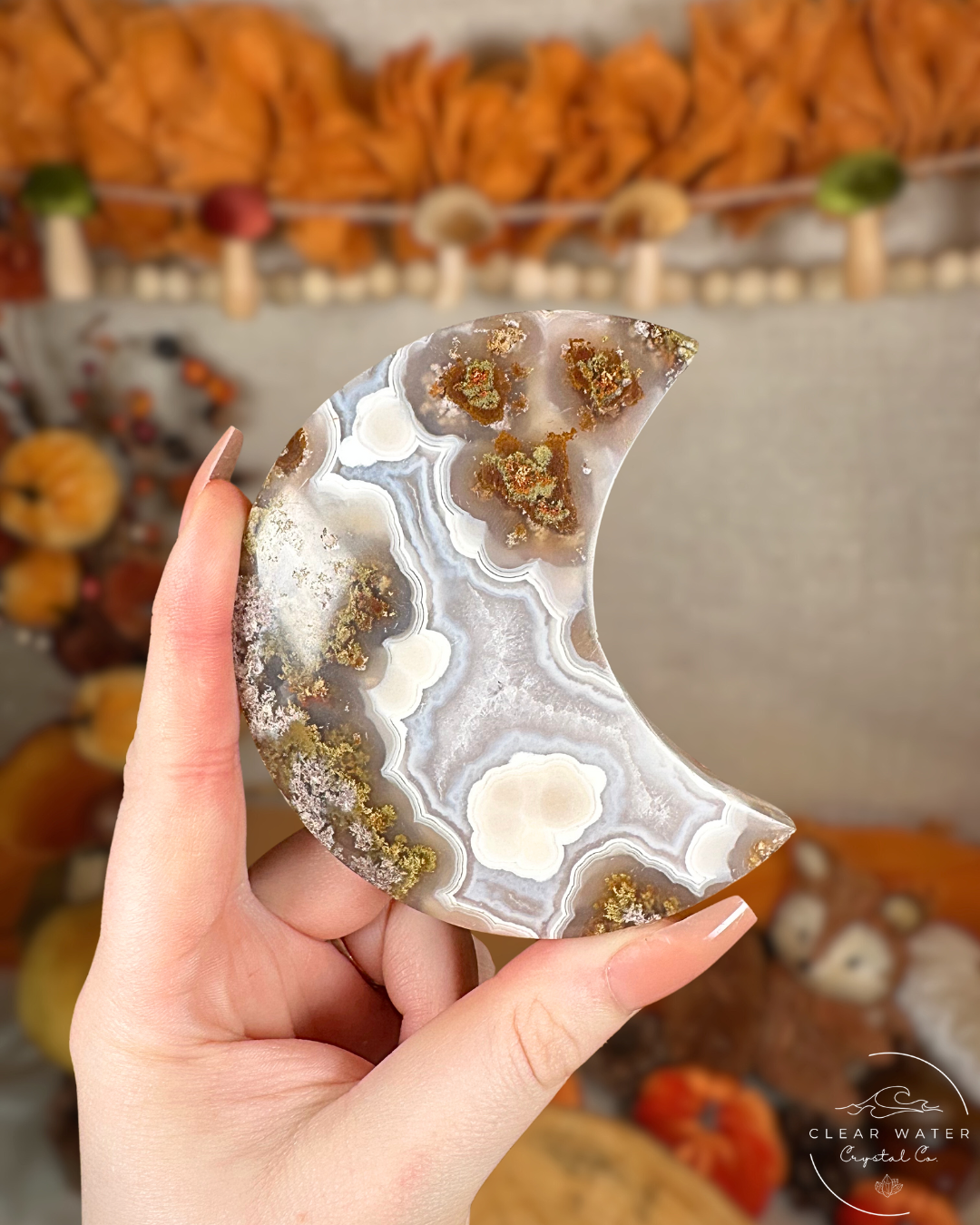 Scenic Moss Agate Moon on Gold Stand – Indonesia
