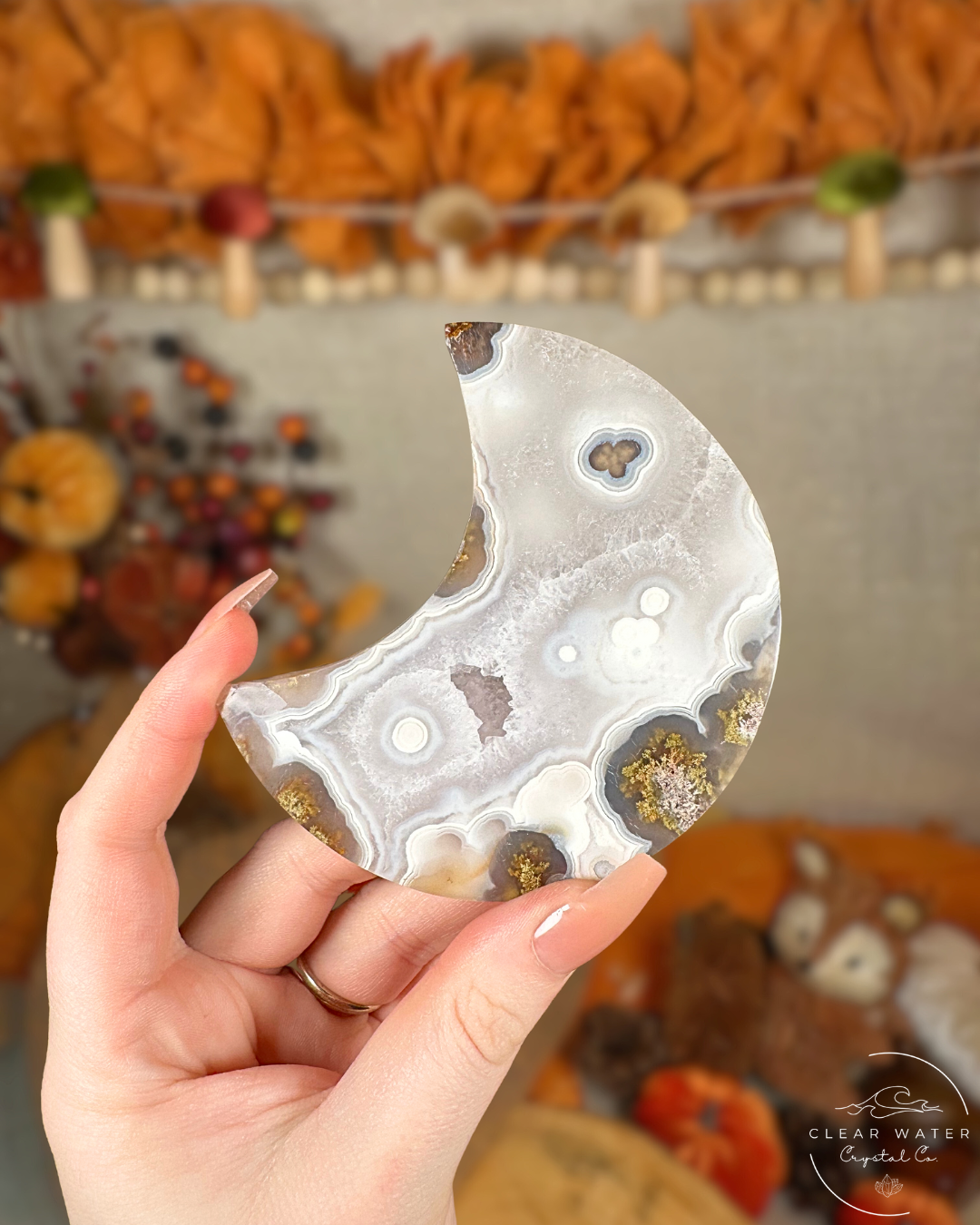 Scenic Moss Agate Moon on Gold Stand – Indonesia