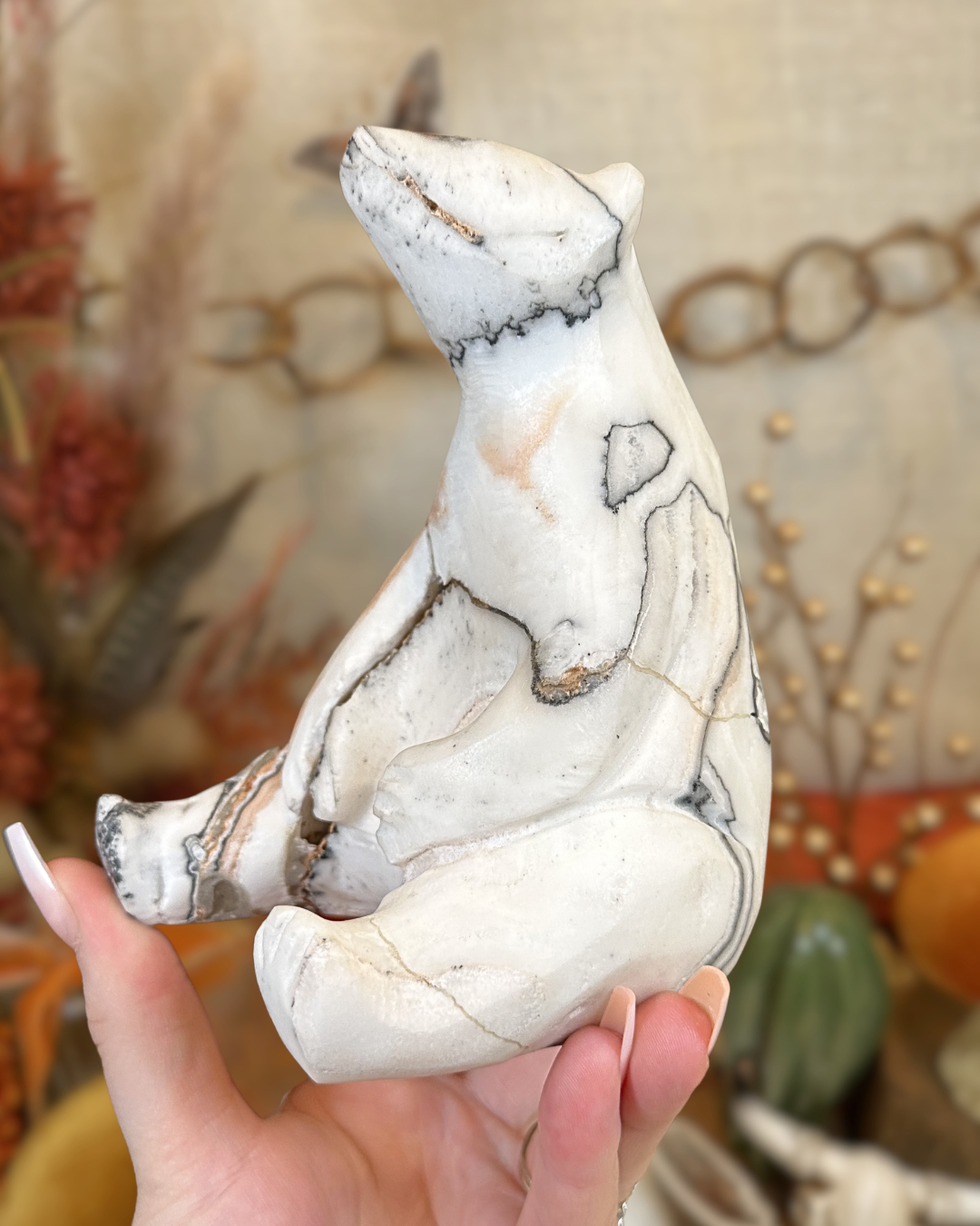 Large Zebra Calcite Bear Carving (Imperfect/Repaired)