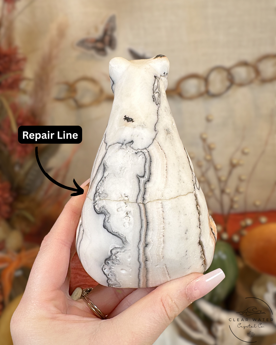 Large Zebra Calcite Bear Carving (Imperfect/Repaired)