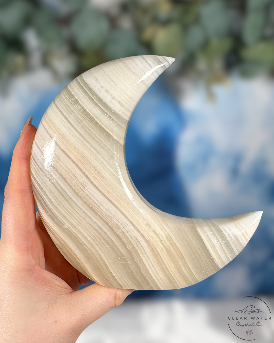 Mexican White Onyx Standing Moon Carving