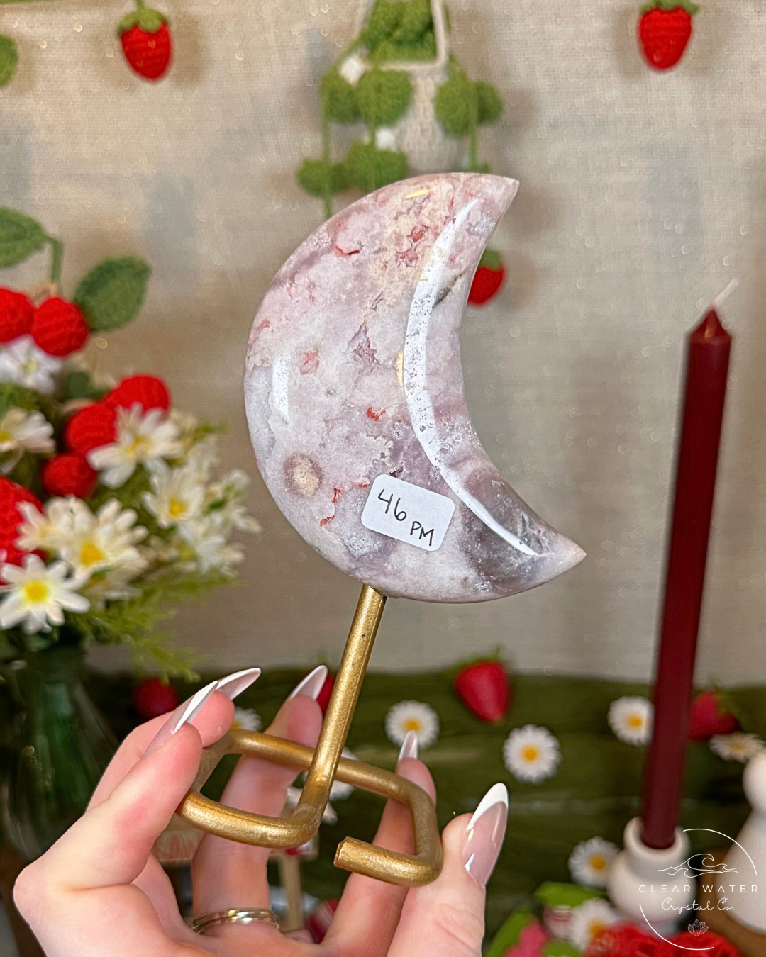 Pink Amethyst Moon on Gold Stand