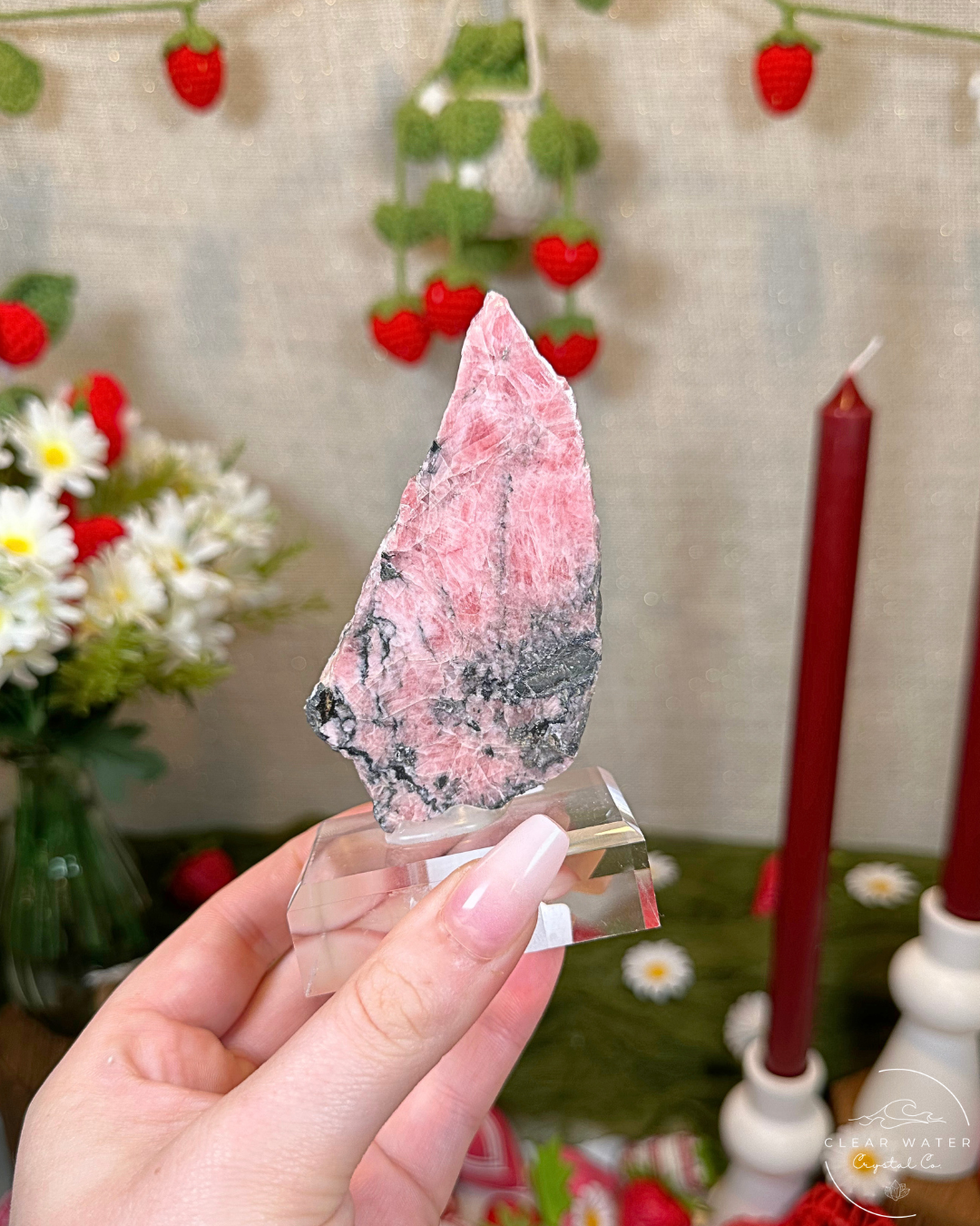 Rhodochrosite Slab on Acrylic Stand | Argentina