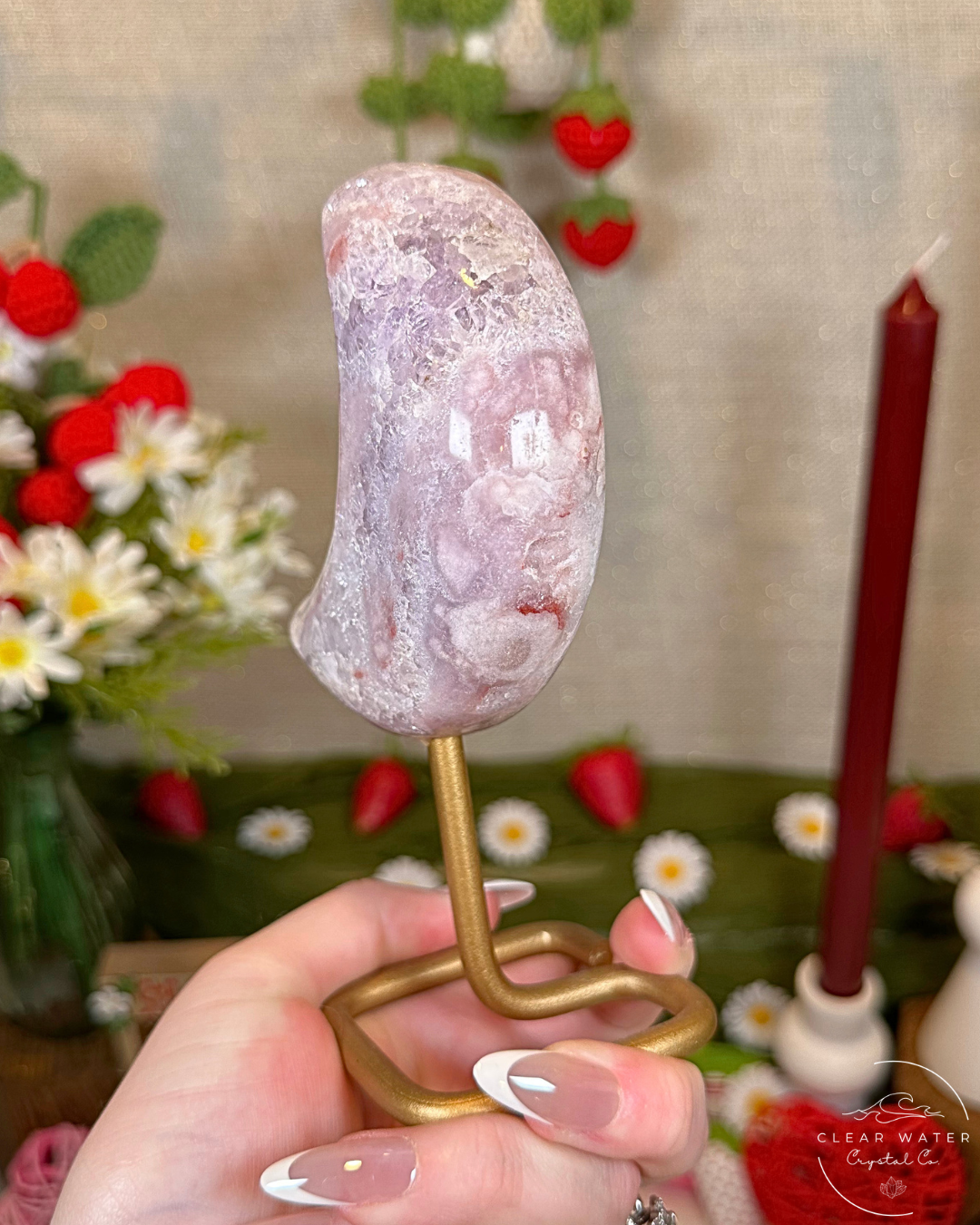 Pink Amethyst Moon on Gold Stand