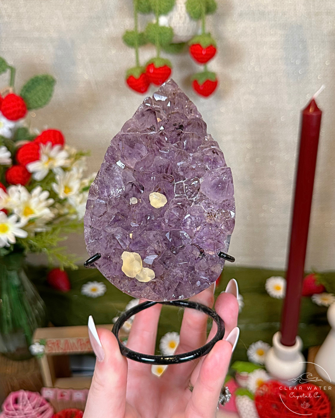 Amethyst Teardrop Cluster with Calcite on Stand