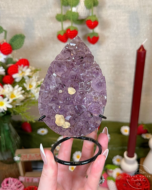 Amethyst Teardrop Cluster with Calcite on Stand