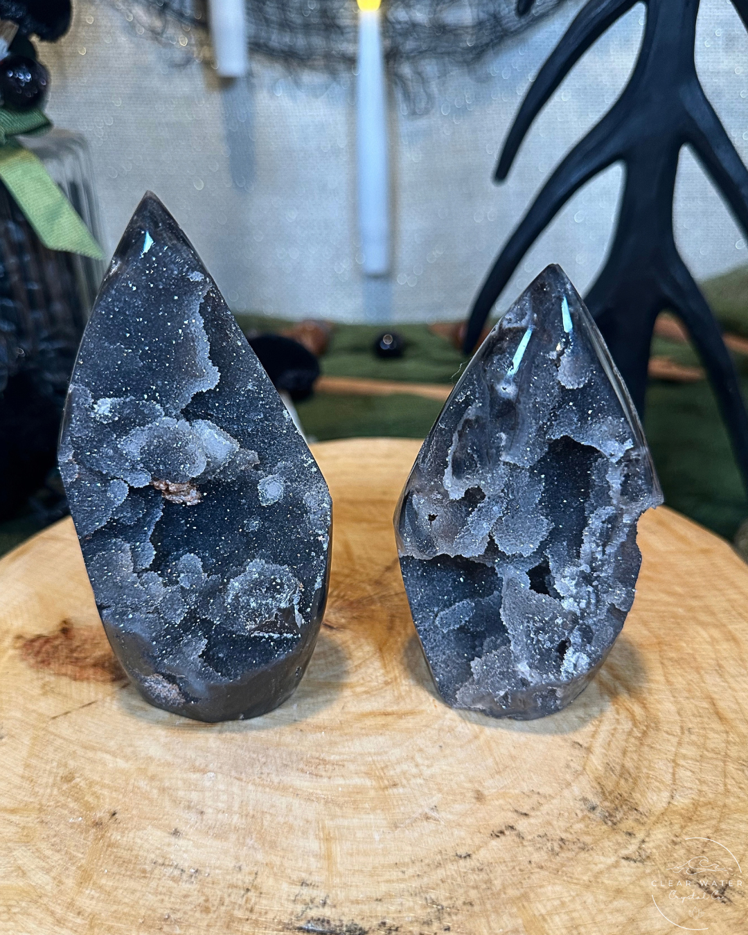 Druzy Black Chalcedony Flame Carving | Brazil