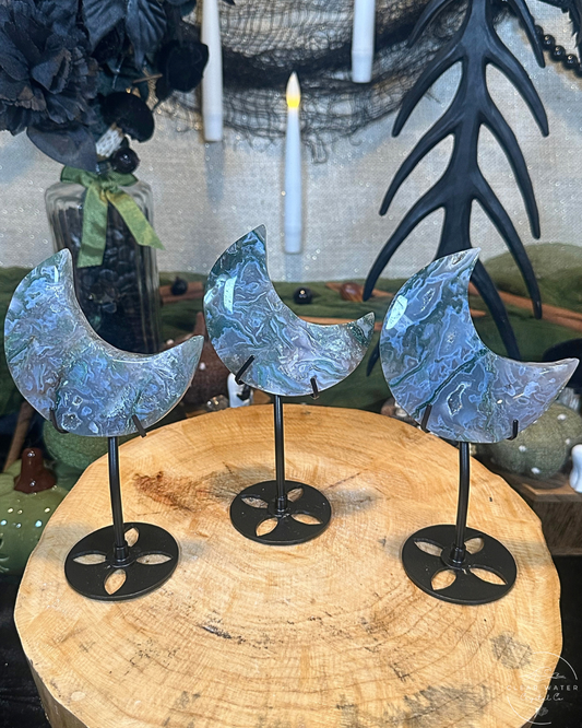 Moss Agate Moon Carving on Stand