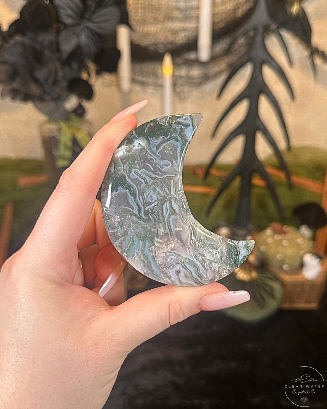 Moss Agate Moon Carving on Stand