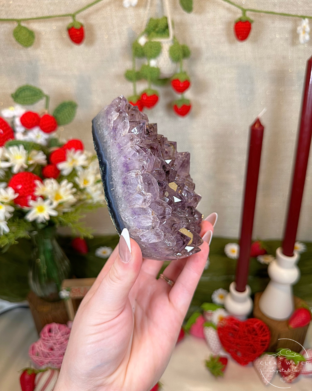 Amethyst Teardrop Cluster with Calcite on Stand