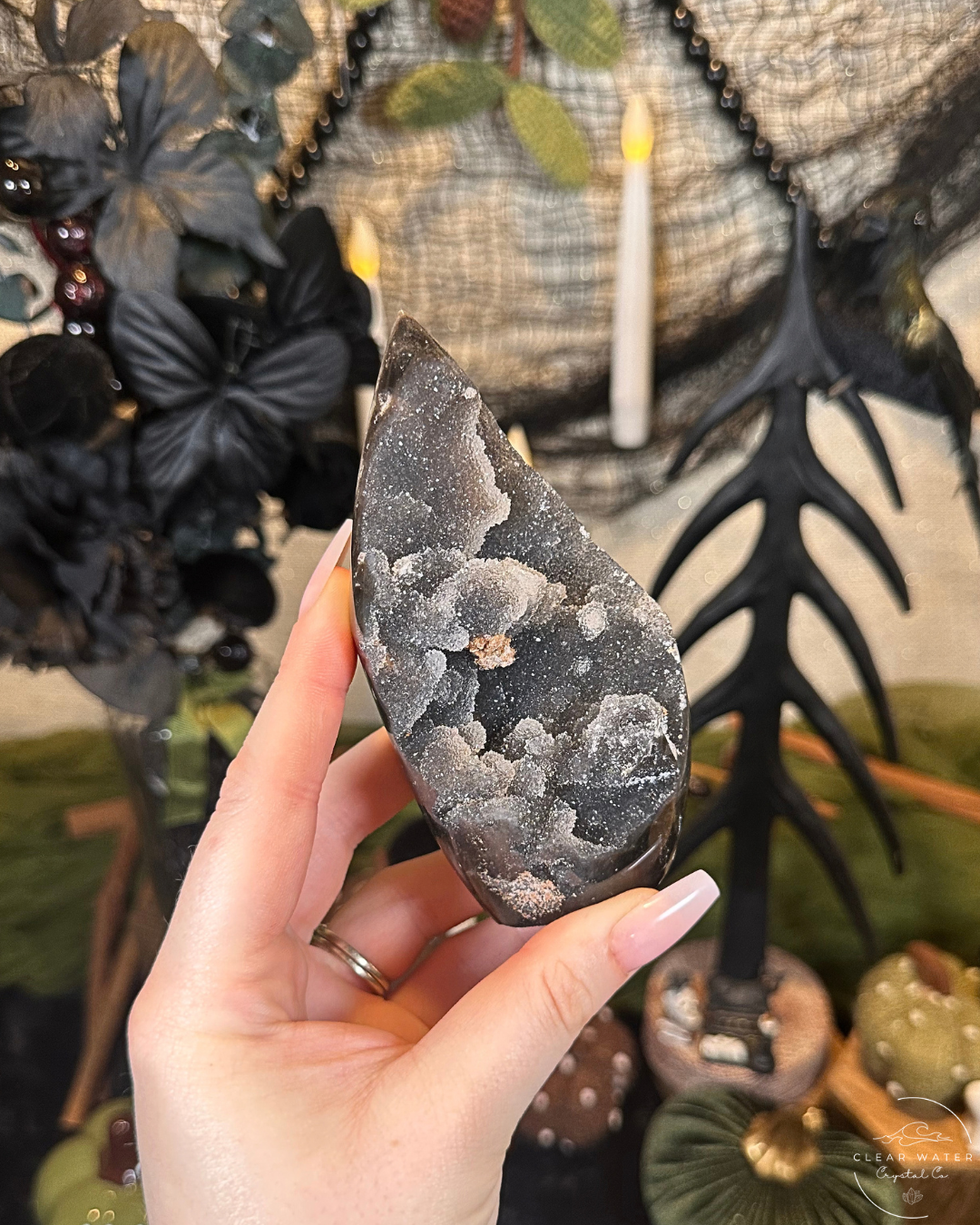 Druzy Black Chalcedony Flame Carving | Brazil
