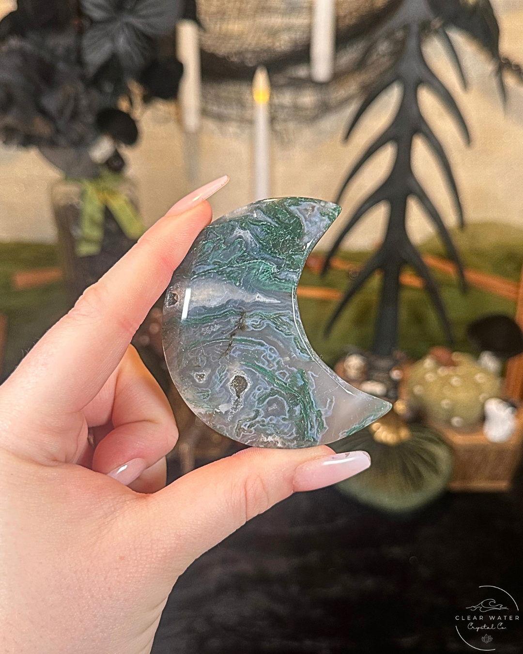 Moss Agate Moon Carving on Stand