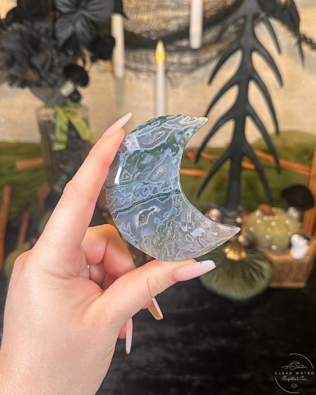 Moss Agate Moon Carving on Stand