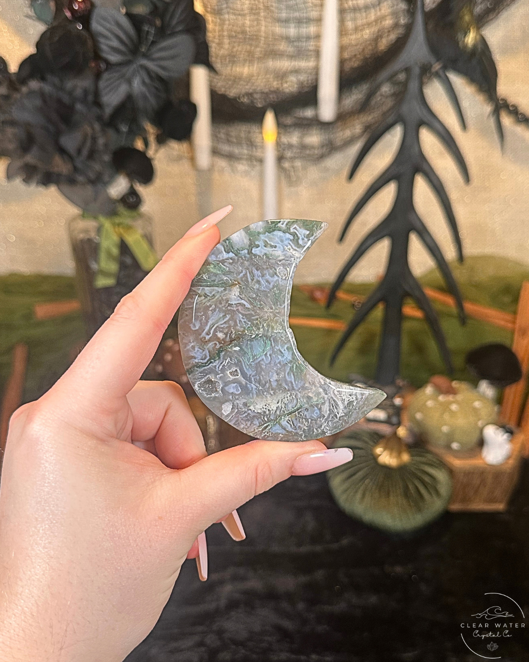 Moss Agate Moon Carving on Stand
