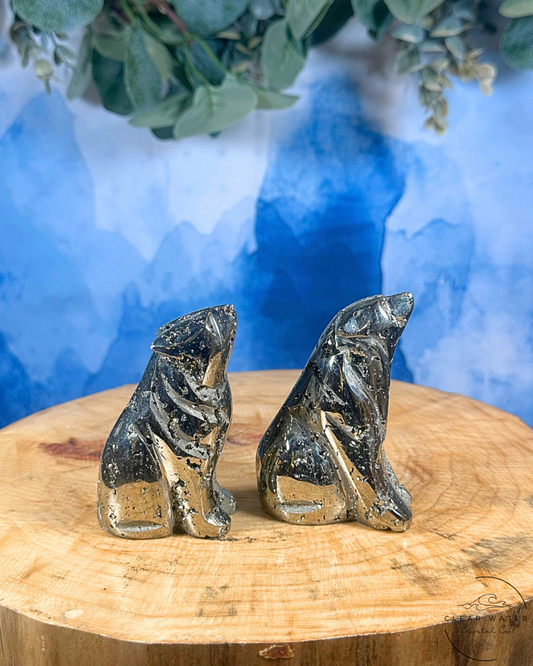 Pyrite Wolf Carving: Lunar Power